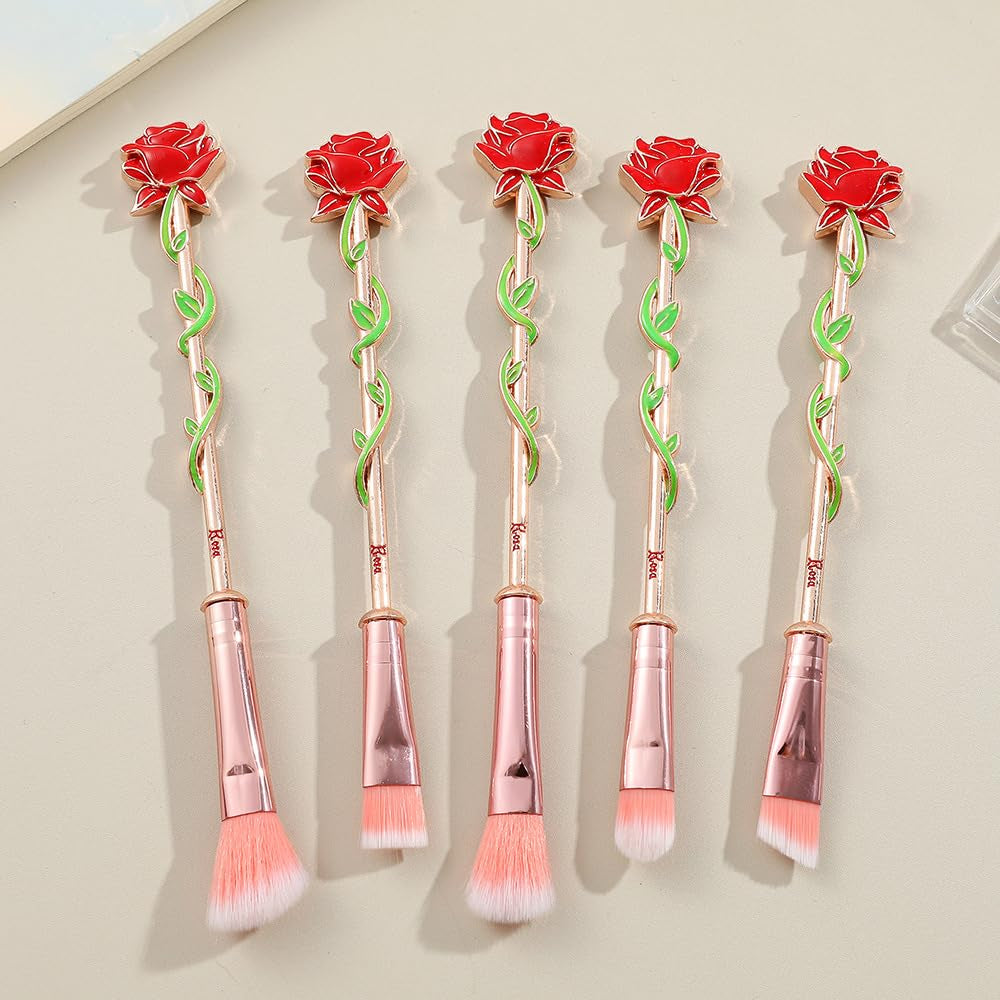 Rose Eye Makeup Brush Set - 5Pcs Metal Wand Makeup Brushes Soft Synthetic Fiber Eyebrow Eyeshadowfoundation Blending Lips Brushes Makeup Tools, Gift for Women Sister Girlfriend (New Rose Gold)